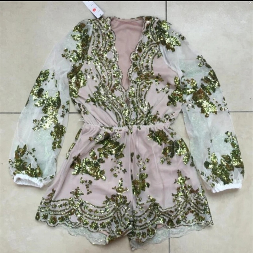 Akira Cocktail Dress Romper Green Sequins